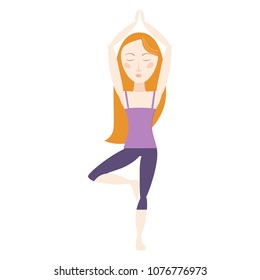 Red hair woman doing yoga tree pose cartoon vector illustration