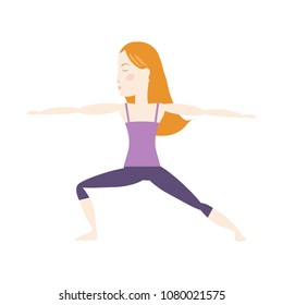 Red hair woman doing yoga warrior pose cartoon vector illustration