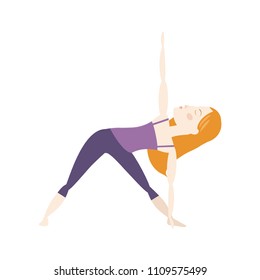 Red hair woman doing yoga extended triangle pose cartoon vector illustration