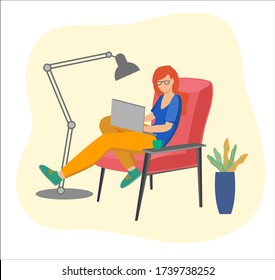 red hair woman in glasses sitting with laptop in armchair, worker with laptop, manager work at home/ office, flat worker vector character EPS 10