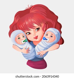 Red hair woman hugs babies. Two babies in their arms. Vector illustration in cartoon style for Mothers Day or other