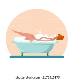 Mujer de pelo rojo bañándose, spa en casa, relajación en la bañera. Cuidando el cuerpo. Meditación, placer, tiempo para ti mismo. Retro, imagen vectorial de estilo de caricatura vintage aislada del fondo.