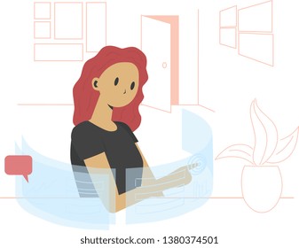 Red hair woman touching a transparent futuristic screen. Flat vector illustration about future computer technology in office.