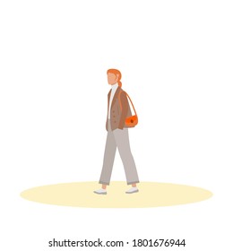 Red hair woman walks in autumn jacket with a handbag. Flat cartoon characters.