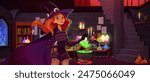 Red hair young witch in hat standing in magic wizard room interior with stairs and cabinet with books, cauldron with green brewing potion and glass beaks, candles and spells on wall. Cartoon vector.