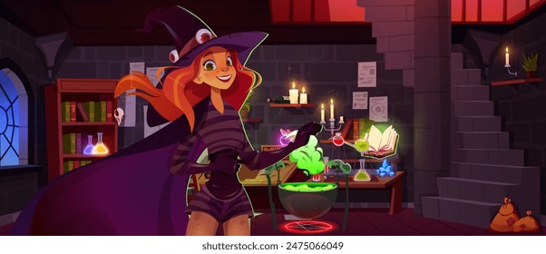 Red hair young witch in hat standing in magic wizard room interior with stairs and cabinet with books, cauldron with green brewing potion and glass beaks, candles and spells on wall. Cartoon vector.