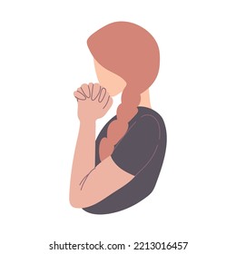 Red hair young woman praying isolated on white background.