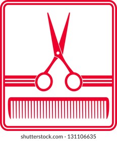 red hairdresser icon with scissors and comb silhouette