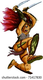 A red haired amazon woman jumps from above with blade on both hands