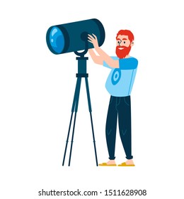 A red haired bearded caucasian man controls lighting equipment. A male lamp operator is engaged in tv or television, film, news or media coverage. Isolated flat cartoon vector illustration.