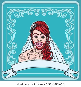 Red haired and bearded person showing middle finger with ring, wearing bridal wedding dress. Including text ribbon, blue background with frames and pattern. Vector illustration