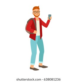 Red haired bearded student in a red jacket with backpack. Colorful cartoon illustration