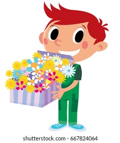 Red Haired Boy with Box of Flowers