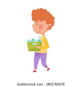 Red Haired Boy Character Carrying Broken Glass for Recycling Vector Illustration