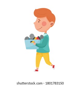 Red Haired Boy Character Carrying Pile of Cans as Sorted Garbage for Recycling Vector Illustration