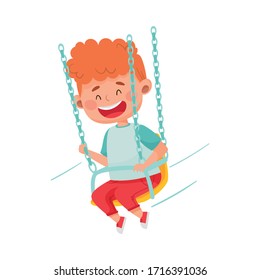 Niño rojo que lleva moto en el suelo y se ríe vectorial ilustración