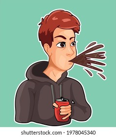 Red haired boy in hoodie drinking soda vector illustration sticker