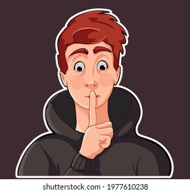 red haired boy in hoodie tell to be quiet vector illustration sticker