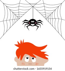 red haired boy looks at the smiling spider hanging above him,vector illustration