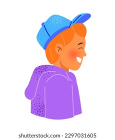 Red haired boy in profile. Avatar of laughing child in blue cap and purple sweatshirt. Portrait of young kid character with bright smile. Cartoon flat vector illustration isolated on white background