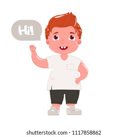 Red haired boy says hi. Child in modern clothes greets him politely Vector illustration