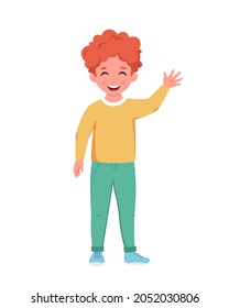 Red haired boy smiling and waving hand. School boy, elementary school student. Vector illustration