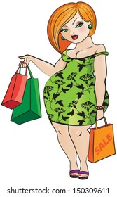 Red Haired Chubby Woman With Shopping Bags - Vector