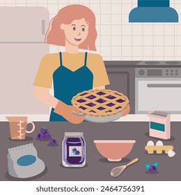 Red haired female baking blackberry pie in the kitchen illustration