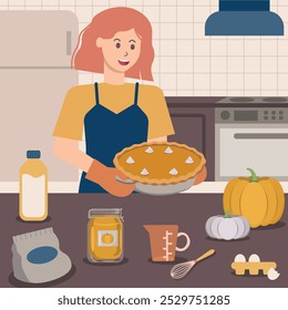 Red haired female baking pumpkin pie flat illustration