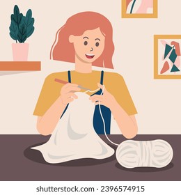 Crocheting femenino de pelo rojo con ilustración de gancho e hilo.