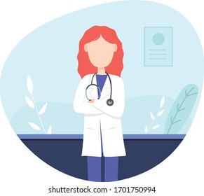 Red haired female doctor in her consultation with plants on blue background. Vector illustration