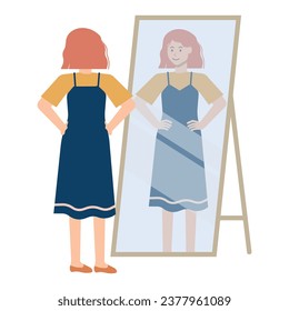 Red haired female looking at her reflection in the mirror isolated illustration