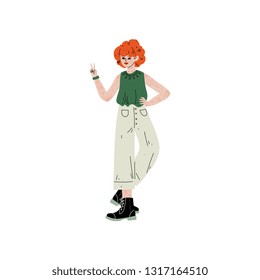 Red Haired Freckled Girl Showing Victory Sign, Female Character Loving Her Body, Self Acceptance, Beauty Diversity, Body Positive Vector Illustration