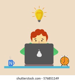 Red haired freelancer with freckles is sitting at his desk, working hard at his laptop and has an idea. Illustration made in flat style.