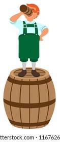 Red haired German leprechaun stands on wooden barrel and drinks beer. Isolated on white vector cartoon illustration