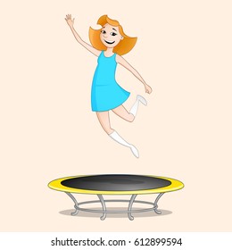 Red haired girl in blue dress jumping on trampoline drawn in cartoon style