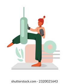 Red haired girl boxing with punching bag in gloves. Physical and spiritual practice. Reducing level of stress doing sports. Vector flat style illustration on white background