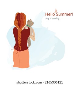 Red haired girl with a cat are waiting for the arrival of summer. View from the back. Happy pet owners. Modern Vector Illustration