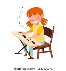 Red Haired Girl Character Sitting on Chair and Playing Keyboard at Music Lesson Vector Illustration