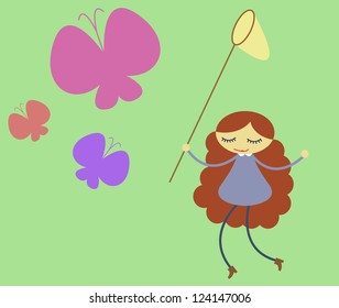 red haired girl chasing butterflies on light green background