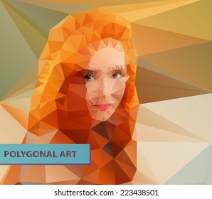 Red haired girl closeup abstract polygonal face. Triangles portrait for your design. Geometrical lines eps 10.