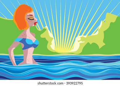 Red haired girl covered freckles wear swimsuit vector illustration. Cute young woman in blue bra in blue water of lake or sea. Green mountains ans blue sky with sun beams. Summer retro cartoon poster.