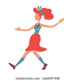 Red Haired Girl Dancing Flat Color Vector Faceless Character. 1950s Style Woman In Rock N Roll Pose. Stylish Olf Fashioned Caucasian Lady. Boogie Woogie Dancer Isolated Cartoon Illustration