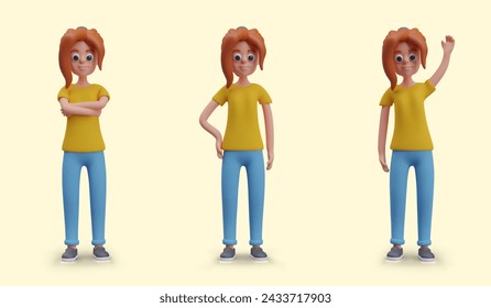 Red haired girl in different poses. Modern teenager in jeans. Female vector character