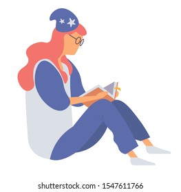 Red haired girl with glasses wearing pajamas holding book. Funny lady spending time alone at evening. Home leisure concept, Bibliophile person, book lover or literature fan. Flat cartoon vector