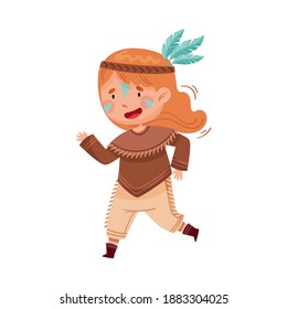 Red Haired Girl With Indian War Paint On Her Face And Ethnic Costume Running Vector Illustration