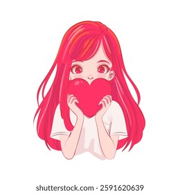 Red haired girl with long strait hair holds red heart. Anime manga kawaii style portrait. Sunset light scene.