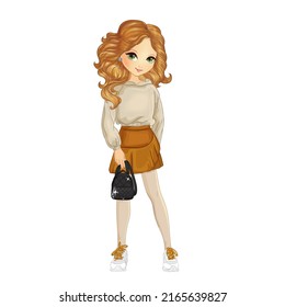 Red haired girl in mustard skirt and beige hoodie holds black backpack
