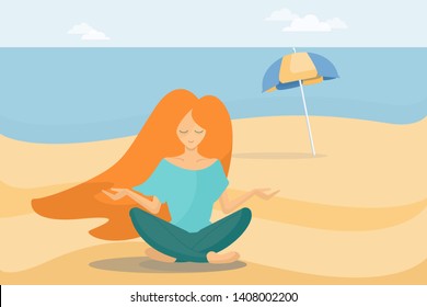 Red haired girl sitting on the sea beach.  Perfect summer holiday