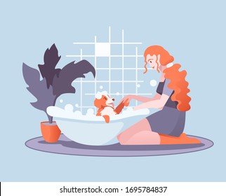 Red haired girl sitting on the floor washing a happy dog in foam bath. Pet care concept. Vector flat illustration. Cartoon colorful style. All elements are isolated. 